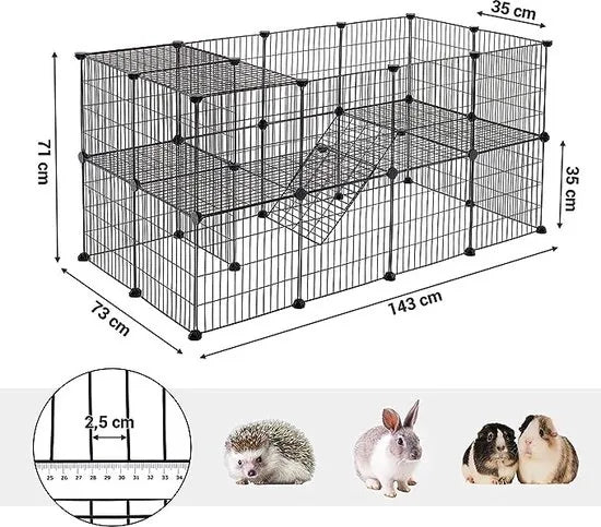 FurnStar - Huisdierverblijf - LPI02H - 2 niveaus - Modulaire verblijfplaats voor kleine dieren - Hamsters - Konijnen - Cavia's - Gaaspanelen - Binnengebruik - 143 x 73 x 71 cm - Zwart