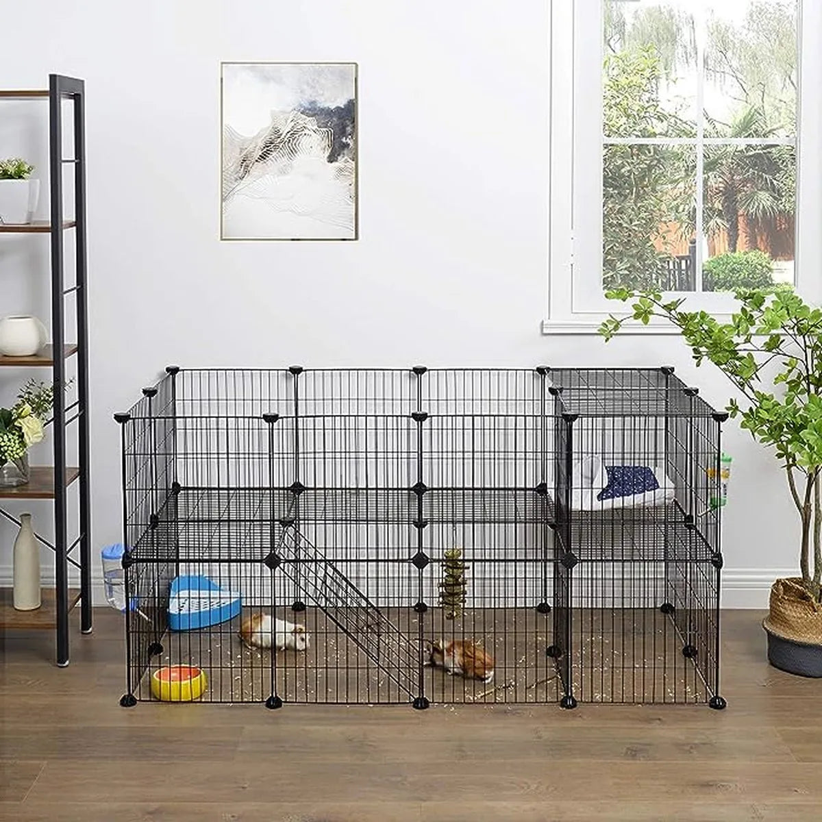 FurnStar - Huisdierverblijf - LPI02H - 2 niveaus - Modulaire verblijfplaats voor kleine dieren - Hamsters - Konijnen - Cavia's - Gaaspanelen - Binnengebruik - 143 x 73 x 71 cm - Zwart
