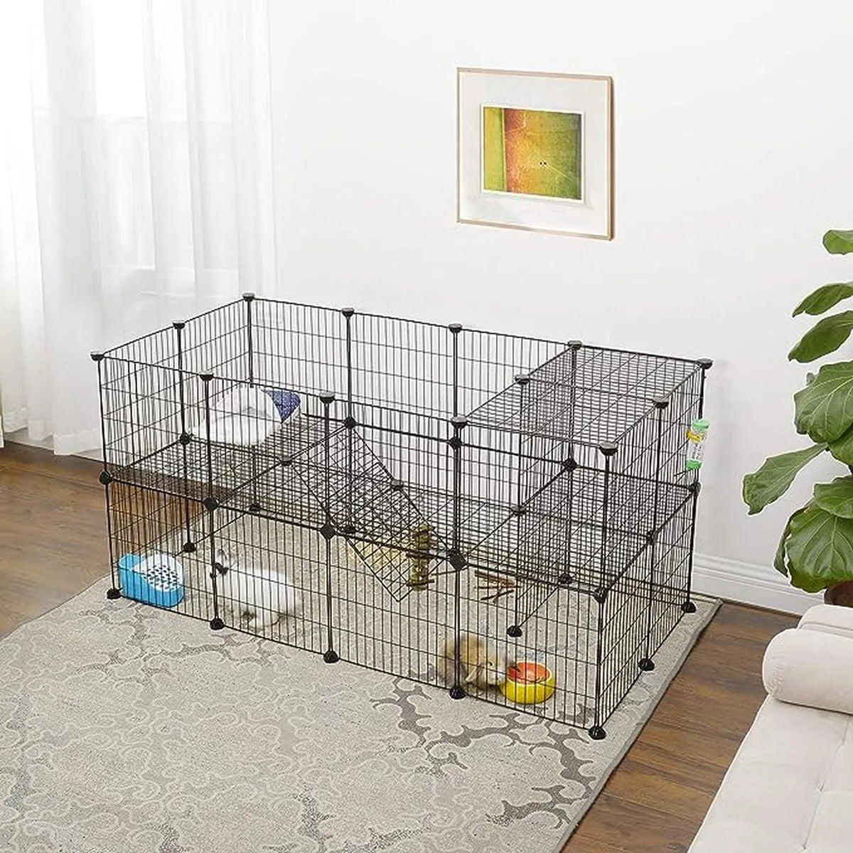FurnStar - Huisdierverblijf - LPI02H - 2 niveaus - Modulaire verblijfplaats voor kleine dieren - Hamsters - Konijnen - Cavia's - Gaaspanelen - Binnengebruik - 143 x 73 x 71 cm - Zwart