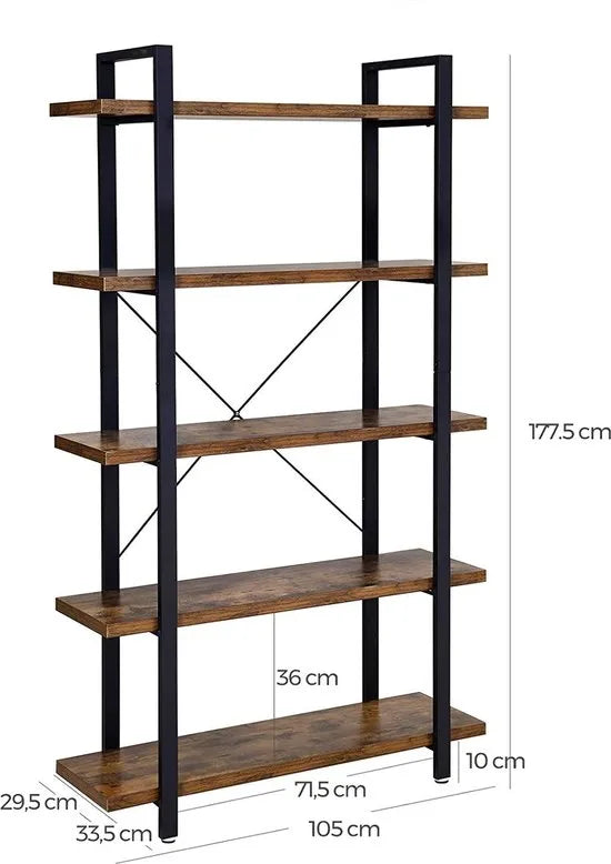 Furnstar - Industriële Boekenkast met Metalen Frame – Kast voor Slaapkamer en Woonkamer – 105 x 33,5 x 177,5 cm - Bruin/Zwart
