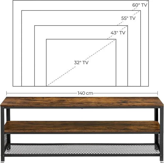 FurnStar - Industriële TV-Meubel - Langwerpig TV-Meubel - Console - Salontafel met Metalen Frame - Houtnerf - Voor Woonkamer en Slaapkamer - Rustiek Bruin