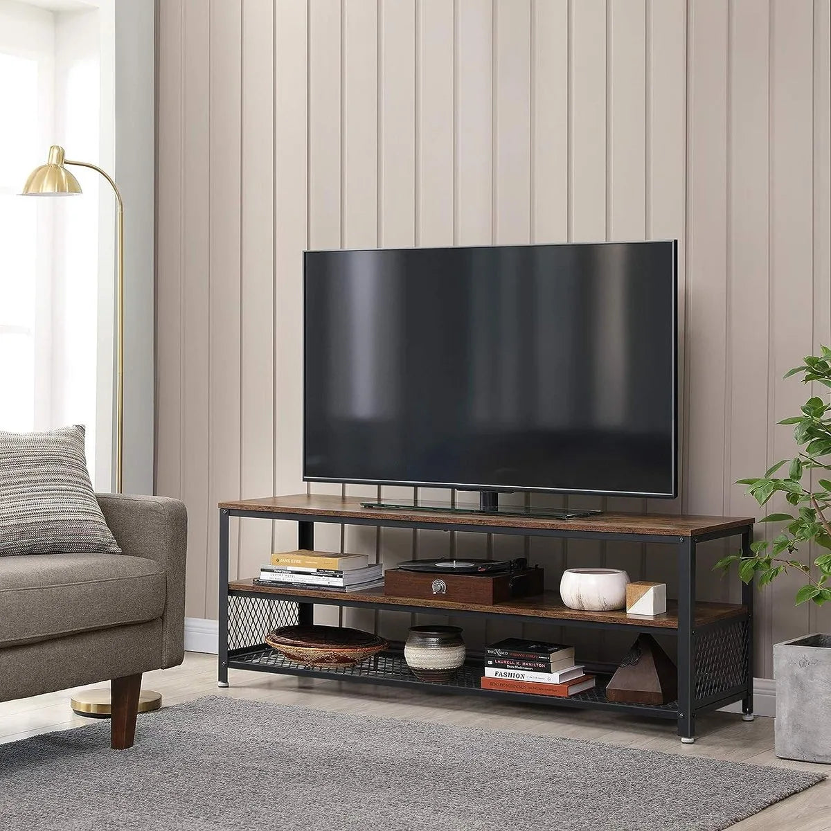 FurnStar - Industriële TV-Meubel - Langwerpig TV-Meubel - Console - Salontafel met Metalen Frame - Houtnerf - Voor Woonkamer en Slaapkamer - Rustiek Bruin