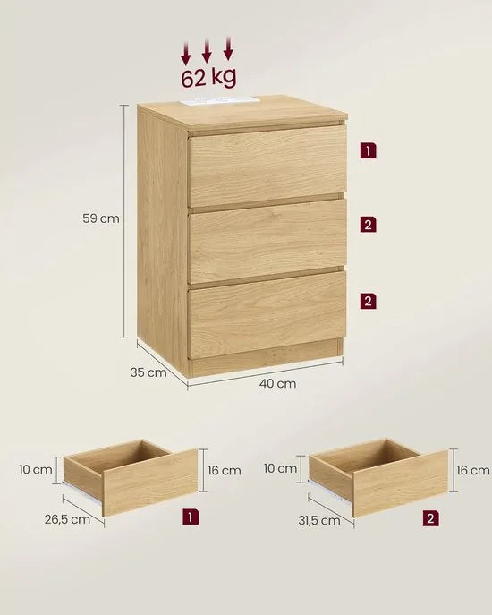 Furnstar Kailyn Collection - Nachtkastje met stekkerdoos - Bijzettafel 3 laden 2 AC- Stopcontacten - 2 USB-A- aansluitingen - Modern - Strogeel