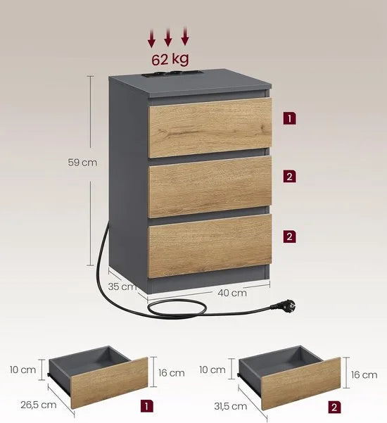 Furnstar Kailyn Collection - Nachtkastje met stekkerdoos - Bijzettafel 3 laden - 2 AC-stopcontacten - 2 USB-A-aansluitingen - Modern - Leigrijs-Natuurbruin