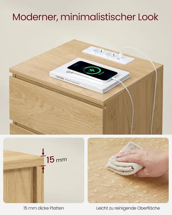 Furnstar Kailyn Collection - Nachtkastje met stekkerdoos - Bijzettafel 3 laden 2 AC- Stopcontacten - 2 USB-A- aansluitingen - Modern - Strogeel