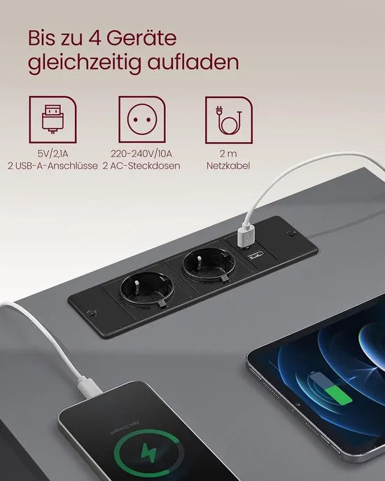 Furnstar Kailyn Collection - Nachtkastje met stekkerdoos - Bijzettafel 3 laden - 2 AC-stopcontacten - 2 USB-A-aansluitingen - Modern -Ebbenzwart – Grijs