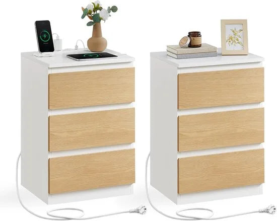 Furnstar Kailyn Collection- Nachtkastje met stekkerdoos - Set van 2 - Bijzettafel 3 laden - 2 AC-stopcontacten - 2 USB-A-aansluitingen - Modern - Wolkenwit-Amandelgeel