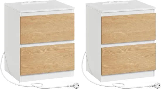 Furnstar Kailyn Collection - Nachtkastje met stekkerdoos -Set van 2 -Bijzettafel - 2 laden - 2 AC-Stopcontacten - 2 USB-A-aansluitingen - Modern- Amandel Geel/Wit