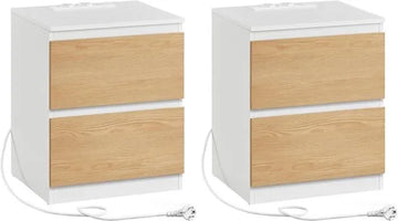 Furnstar Kailyn Collection - Nachtkastje met stekkerdoos -Set van 2 -Bijzettafel - 2 laden - 2 AC-Stopcontacten - 2 USB-A-aansluitingen - Modern- Amandel Geel/Wit