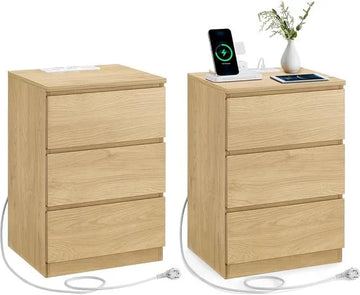 Furnstar Kailyn Collection -Nachtkastje met stekkerdoos - Set van 2 bijzettafel - 3 laden 2 AC-stopcontacten - 2 USB-A-aansluitingen - Modern - Strogeel