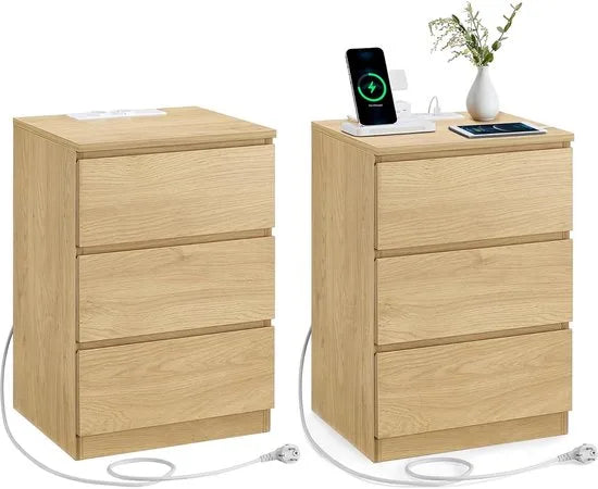 Furnstar Kailyn Collection -Nachtkastje met stekkerdoos - Set van 2 bijzettafel - 3 laden 2 AC-stopcontacten - 2 USB-A-aansluitingen - Modern - Strogeel