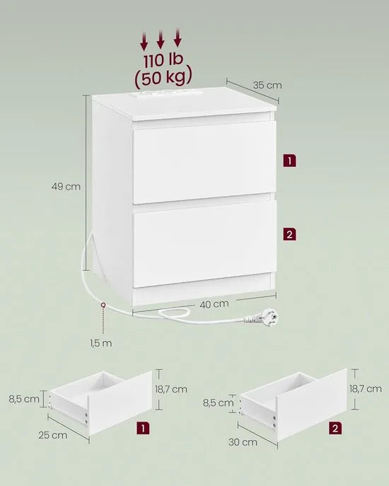 Furnstar Kailyn Collection - Nachtkastje met stekkerdoos -Set van 2 -Bijzettafel - 2 laden - 2 AC-Stopcontacten - 2 USB-A-aansluitingen - Modern- Wolkenwit