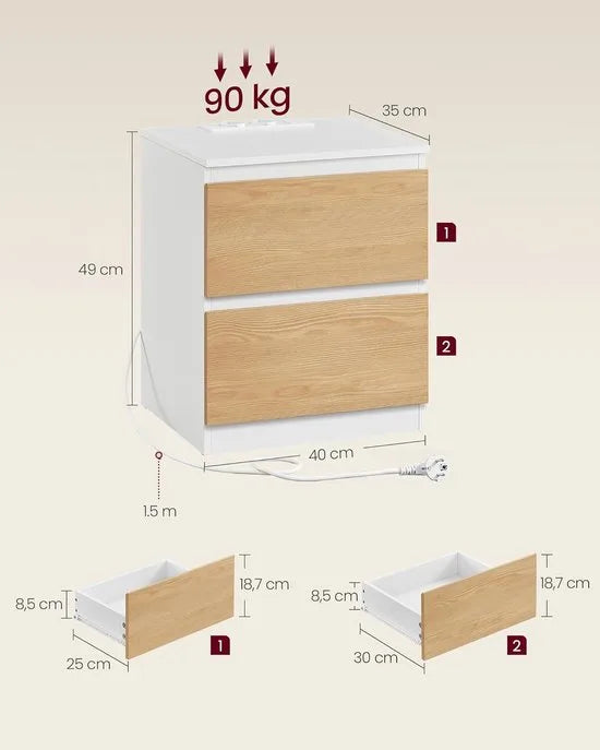 Furnstar Kailyn Collection - Nachtkastje met stekkerdoos -Set van 2 -Bijzettafel - 2 laden - 2 AC-Stopcontacten - 2 USB-A-aansluitingen - Modern- Amandel Geel/Wit