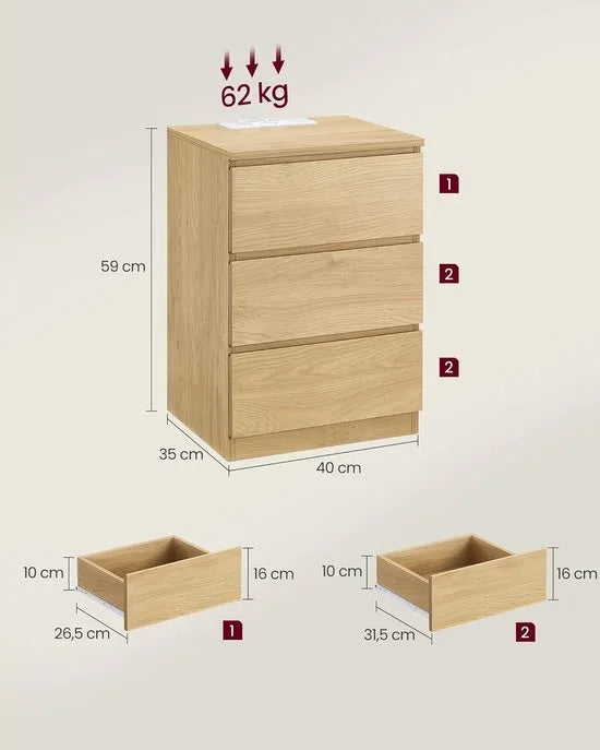 Furnstar Kailyn Collection -Nachtkastje met stekkerdoos - Set van 2 bijzettafel - 3 laden 2 AC-stopcontacten - 2 USB-A-aansluitingen - Modern - Strogeel