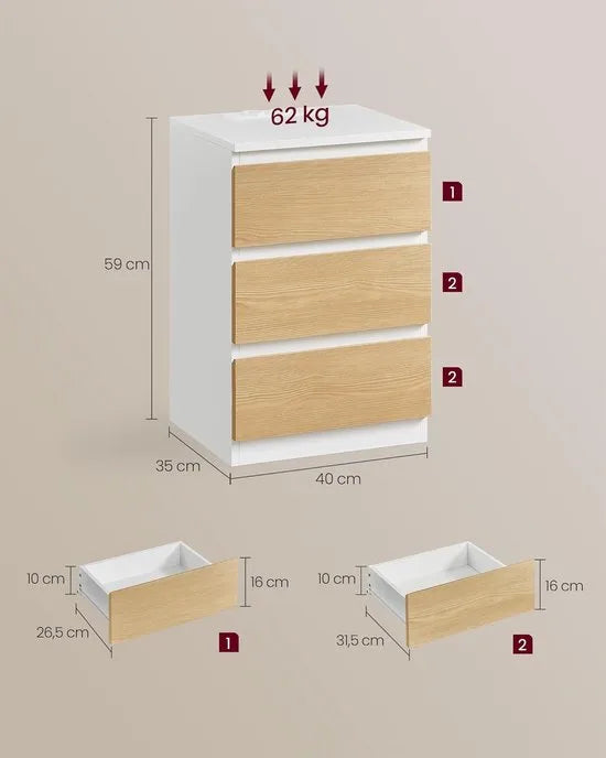 Furnstar Kailyn Collection- Nachtkastje met stekkerdoos - Set van 2 - Bijzettafel 3 laden - 2 AC-stopcontacten - 2 USB-A-aansluitingen - Modern - Wolkenwit-Amandelgeel