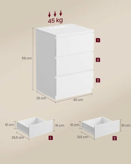 Furnstar Kailyn Collection - Nachtkastje met stekkerdoos -Set van 2 -Bijzettafel - 3 laden - 2 AC-Stopcontacten - 2 USB-A-aansluitingen - Modern - Wolkenwit