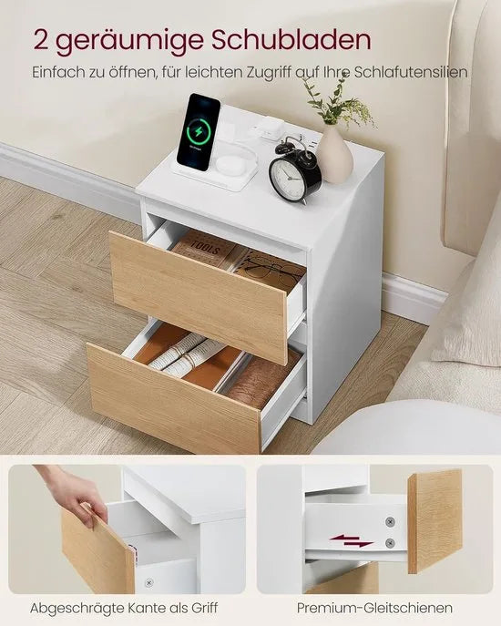 Furnstar Kailyn Collection - Nachtkastje met stekkerdoos -Set van 2 -Bijzettafel - 2 laden - 2 AC-Stopcontacten - 2 USB-A-aansluitingen - Modern- Amandel Geel/Wit