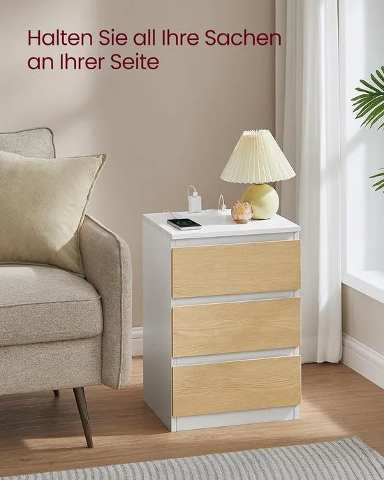 Furnstar Kailyn Collection- Nachtkastje met stekkerdoos - Set van 2 - Bijzettafel 3 laden - 2 AC-stopcontacten - 2 USB-A-aansluitingen - Modern - Wolkenwit-Amandelgeel
