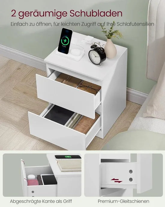 Furnstar Kailyn Collection - Nachtkastje met stekkerdoos -Set van 2 -Bijzettafel - 2 laden - 2 AC-Stopcontacten - 2 USB-A-aansluitingen - Modern- Wolkenwit