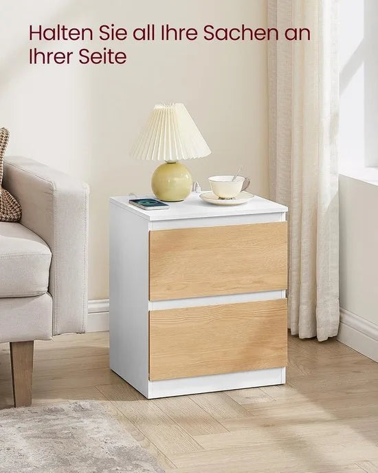 Furnstar Kailyn Collection - Nachtkastje met stekkerdoos -Set van 2 -Bijzettafel - 2 laden - 2 AC-Stopcontacten - 2 USB-A-aansluitingen - Modern- Wolkenwit – Amandel geel/wit