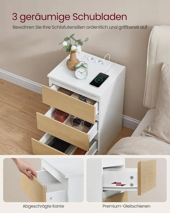 Furnstar Kailyn Collection- Nachtkastje met stekkerdoos - Set van 2 - Bijzettafel 3 laden - 2 AC-stopcontacten - 2 USB-A-aansluitingen - Modern - Wolkenwit-Amandelgeel