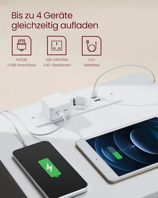 Furnstar Kailyn Collection - Nachtkastje met stekkerdoos -Set van 2 -Bijzettafel - 3 laden - 2 AC-Stopcontacten - 2 USB-A-aansluitingen - Modern - Wolkenwit