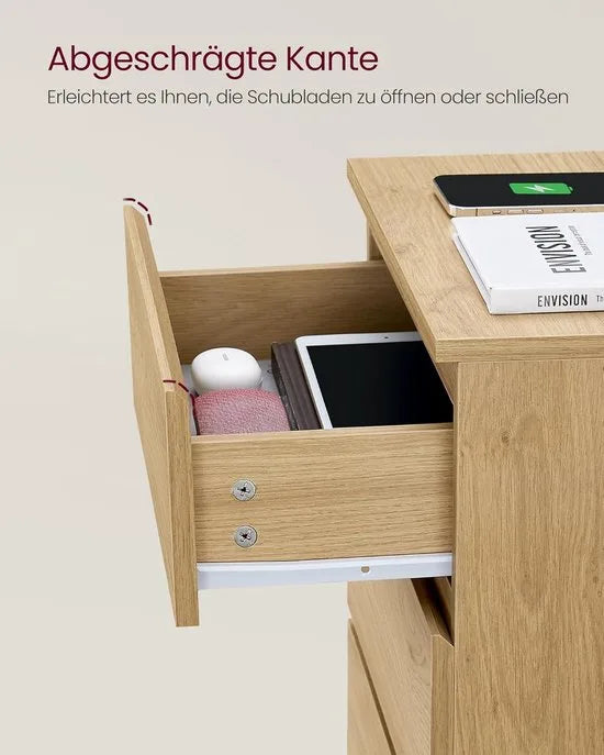 Furnstar Kailyn Collection -Nachtkastje met stekkerdoos - Set van 2 bijzettafel - 3 laden 2 AC-stopcontacten - 2 USB-A-aansluitingen - Modern - Strogeel