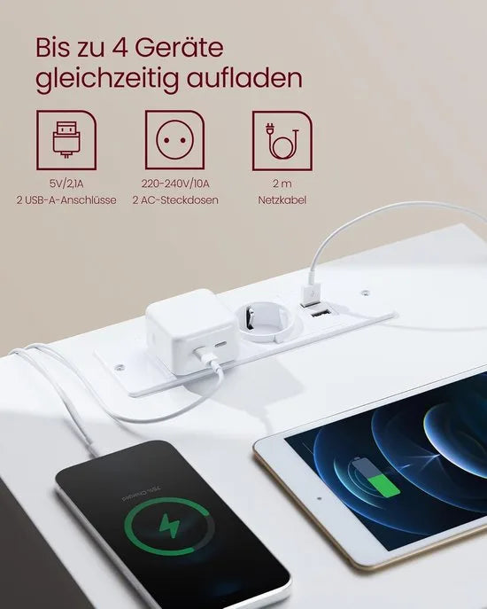 Furnstar Kailyn Collection- Nachtkastje met stekkerdoos - Set van 2 - Bijzettafel 3 laden - 2 AC-stopcontacten - 2 USB-A-aansluitingen - Modern - Wolkenwit-Amandelgeel
