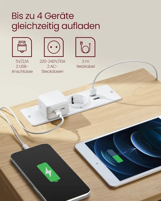 Furnstar Kailyn Collection -Nachtkastje met stekkerdoos - Set van 2 bijzettafel - 3 laden 2 AC-stopcontacten - 2 USB-A-aansluitingen - Modern - Strogeel