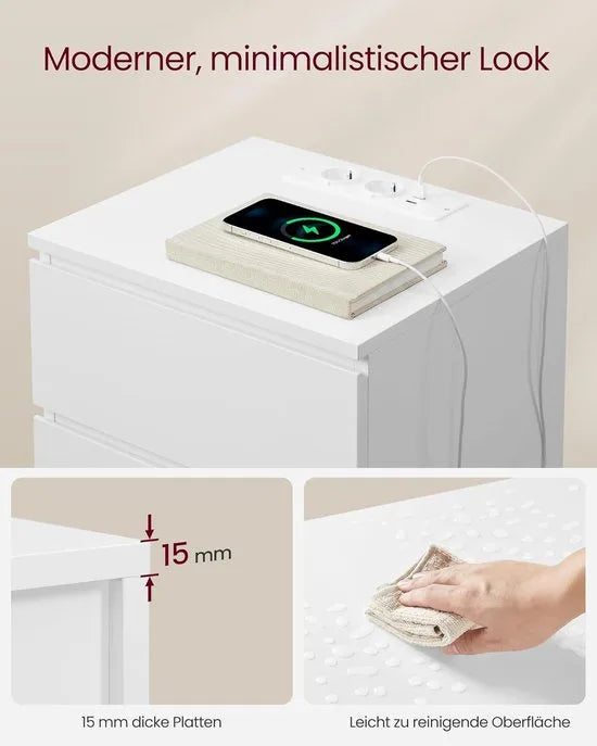 Furnstar Kailyn Collection - Nachtkastje met stekkerdoos -Set van 2 -Bijzettafel - 3 laden - 2 AC-Stopcontacten - 2 USB-A-aansluitingen - Modern - Wolkenwit