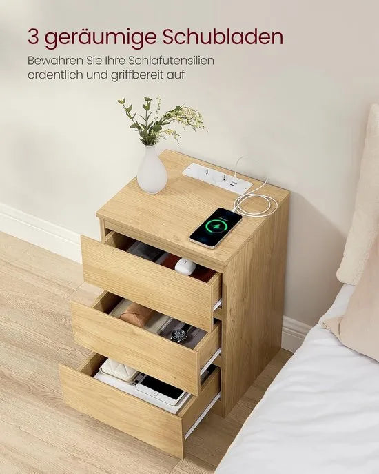 Furnstar Kailyn Collection -Nachtkastje met stekkerdoos - Set van 2 bijzettafel - 3 laden 2 AC-stopcontacten - 2 USB-A-aansluitingen - Modern - Strogeel