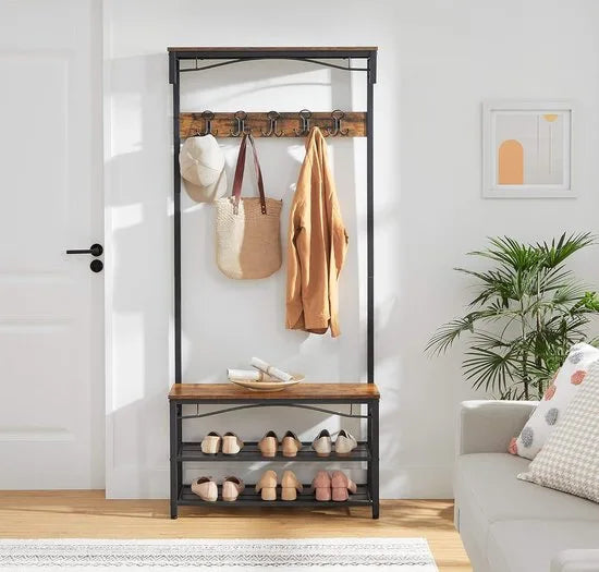 FurnStar - Kapstok - Coat Rack - Hallway Cabinet - with Top Board - Shoe Rack - Bench and 5 Double Hooks - Metal Frame - 80 x 32 x 178.8 cm - Industrial Style - Rustic Brown and Black
