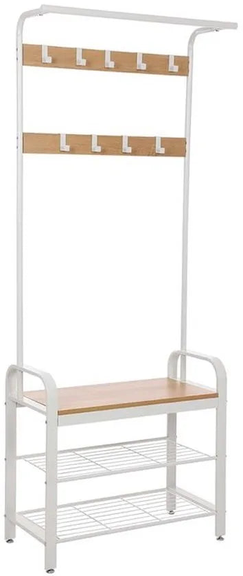 FurnStar - Kapstok - Kapstok met Schoenenopbergbank - 4 in 1 Design - met 9 Afneembare Haken - Een Kledingroede - Voor Hal - Entree - 33,7 x 72 x 183 cm - Industrieel - Eiken + Crème/Wit