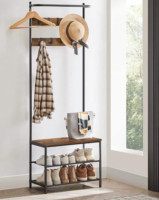 FurnStar - Kapstok - Kapstok met Schoenenopbergbank - 4 in 1 Design - met 9 Afneembare Haken - Een Kledingroede - Voor Hal - Entree - 33,7 x 72 x 183 cm - Industrieel - Grenen en Zwart