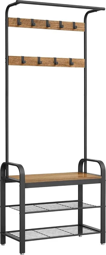 FurnStar - Kapstok - Kapstok met Schoenenopbergbank - 4 in 1 Design - met 9 Afneembare Haken - Een Kledingroede - Voor Hal - Entree - 33,7 x 72 x 183 cm - Industrieel - Zwart – Rustiek walnoot en zwart