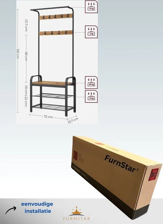 FurnStar - Kapstok - Kapstok met Schoenenopbergbank - 4 in 1 Design - met 9 Afneembare Haken - Een Kledingroede - Voor Hal - Entree - 33,7 x 72 x 183 cm - Industrieel - Grenen en Zwart