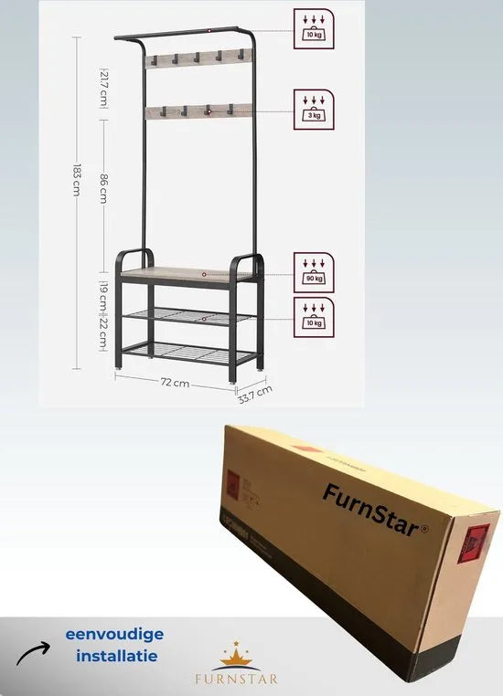 FurnStar - Kapstok - Kapstok met Schoenenopbergbank - 4 in 1 Design - met 9 Afneembare Haken - Een Kledingroede - Voor Hal - Entree - 33,7 x 72 x 183 cm - Industrieel - Zwart