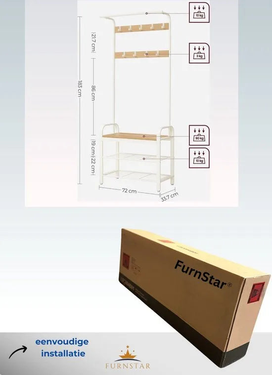 FurnStar - Kapstok - Kapstok met Schoenenopbergbank - 4 in 1 Design - met 9 Afneembare Haken - Een Kledingroede - Voor Hal - Entree - 33,7 x 72 x 183 cm - Industrieel - Zwart – Eiken + crème/wit