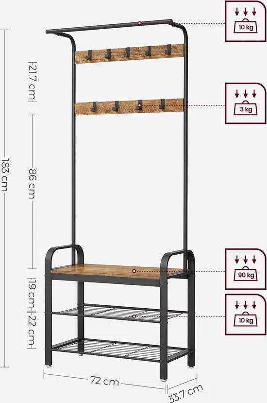 FurnStar - Kapstok - Kapstok met Schoenenopbergbank - 4 in 1 Design - met 9 Afneembare Haken - Een Kledingroede - Voor Hal - Entree - 33,7 x 72 x 183 cm - Industrieel - Grenen en Zwart
