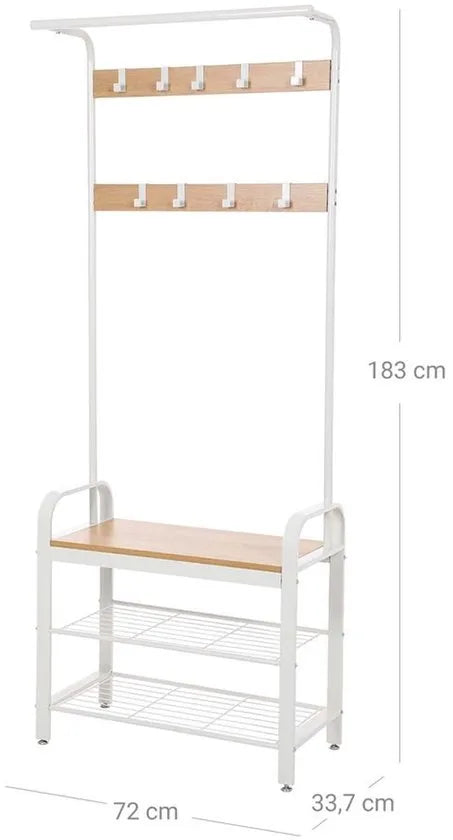 FurnStar - Kapstok - Kapstok met Schoenenopbergbank - 4 in 1 Design - met 9 Afneembare Haken - Een Kledingroede - Voor Hal - Entree - 33,7 x 72 x 183 cm - Industrieel - Eiken + Crème/Wit