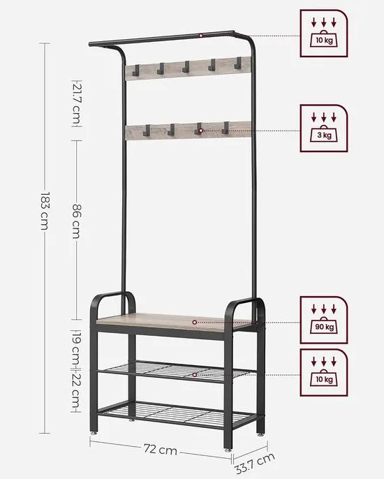 FurnStar - Kapstok - Kapstok met Schoenenopbergbank - 4 in 1 Design - met 9 Afneembare Haken - Een Kledingroede - Voor Hal - Entree - 33,7 x 72 x 183 cm - Industrieel - Zwart