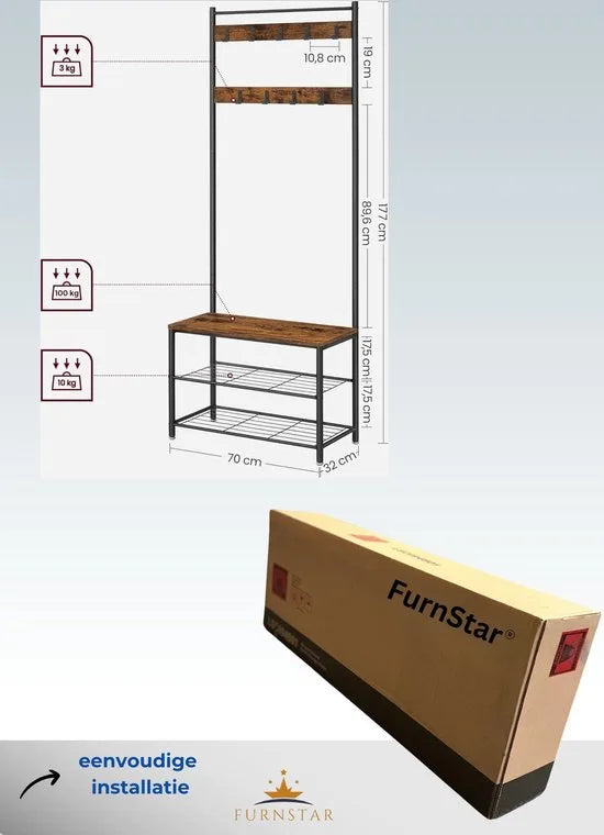 FurnStar - Kapstok - kapstok met schoenenopbergbank - halboom met schoenenrek - 3-in-1 ontwerp - stalen frame - voor hal - entree - 32 x 70 x 177 cm - industrieel - Rustiek bruin + zwart