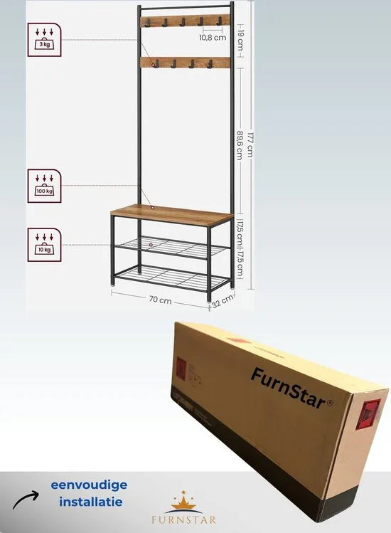 FurnStar - Kapstok - kapstok met schoenenopbergbank - halboom met schoenenrek - 3-in-1 ontwerp - stalen frame - voor hal - entree - 32 x 70 x 177 cm - industrieel - rustiek walnoot en zwart