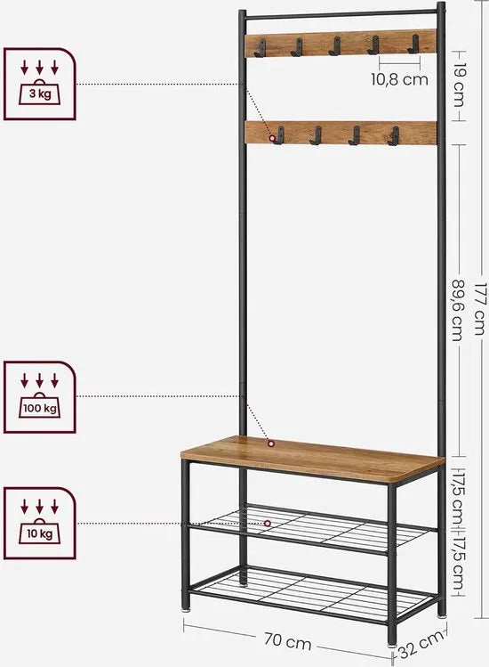 FurnStar - Kapstok - kapstok met schoenenopbergbank - halboom met schoenenrek - 3-in-1 ontwerp - stalen frame - voor hal - entree - 32 x 70 x 177 cm - industrieel - rustiek walnoot en zwart