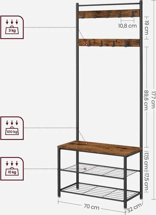 FurnStar - Kapstok - kapstok met schoenenopbergbank - halboom met schoenenrek - 3-in-1 ontwerp - stalen frame - voor hal - entree - 32 x 70 x 177 cm - industrieel - Rustiek bruin + zwart