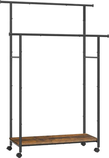 FurnStar - Kapstok - Kapstokken -Kledinghangers - Dubbele Kapstok Met Zwenkwielen En Plank - ‎39.6 x 98.5 x 156.8 cm - Rustiek Bruin En Inktzwart