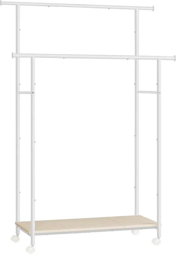 FurnStar - Kapstok - Kapstokken -Kledinghangers - Dubbele Kapstok Met Zwenkwielen En Plank - ‎39.6 x 98.5 x 156.8 cm - Wit