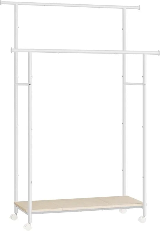 FurnStar - Kapstok - Kapstokken -Kledinghangers - Dubbele Kapstok Met Zwenkwielen En Plank - ‎39.6 x 98.5 x 156.8 cm - Wit
