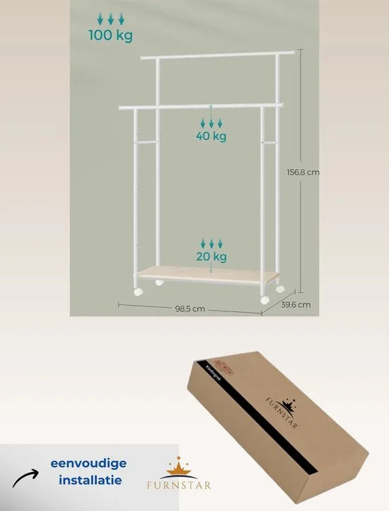 FurnStar - Kapstok - Kapstokken -Kledinghangers - Dubbele Kapstok Met Zwenkwielen En Plank - ‎39.6 x 98.5 x 156.8 cm - Wit