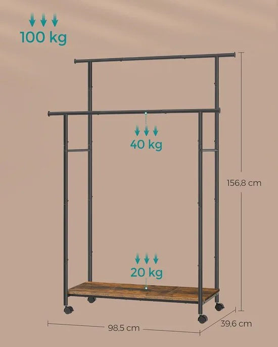 FurnStar - Kapstok - Kapstokken -Kledinghangers - Dubbele Kapstok Met Zwenkwielen En Plank - ‎39.6 x 98.5 x 156.8 cm - Rustiek Bruin En Inktzwart